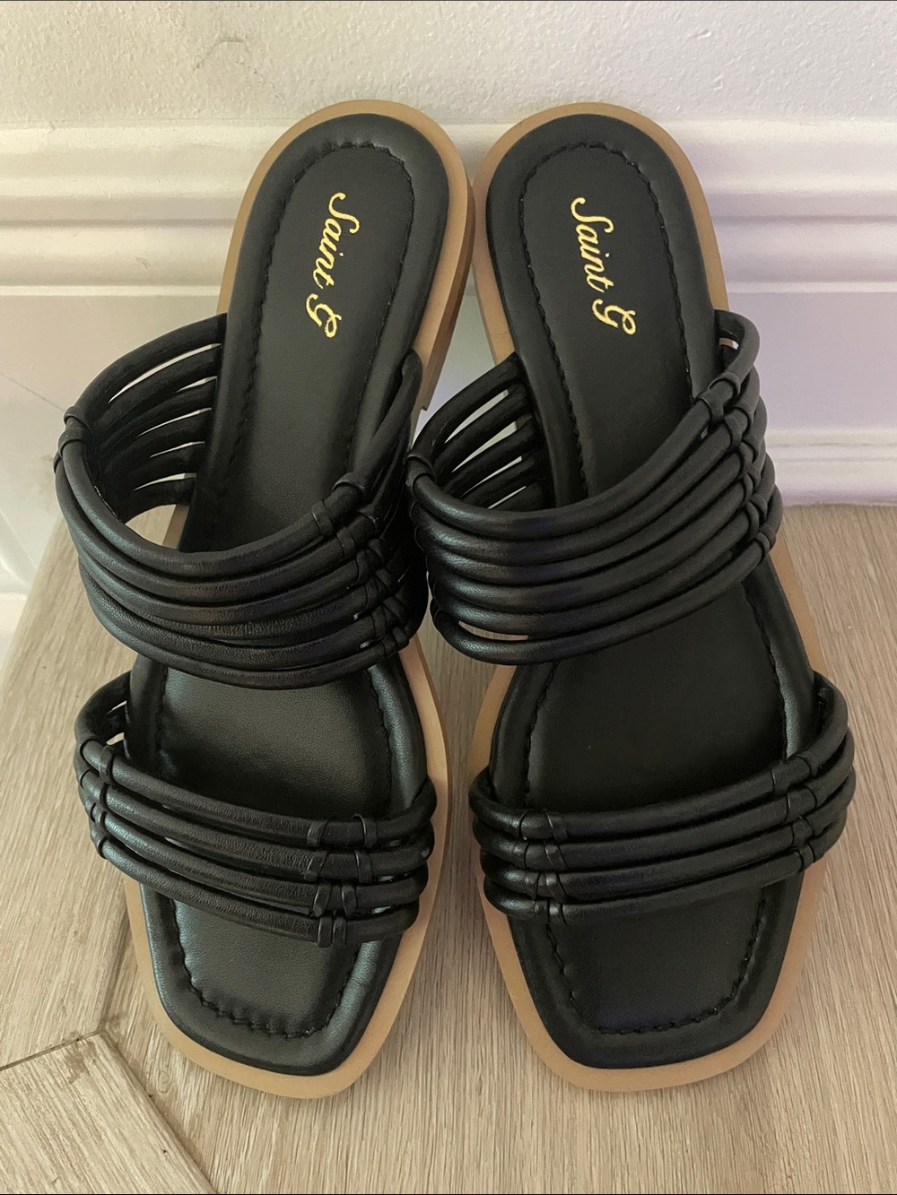 Saint G - cushion footing -Black Leather Multi-Strap Slide Sandals